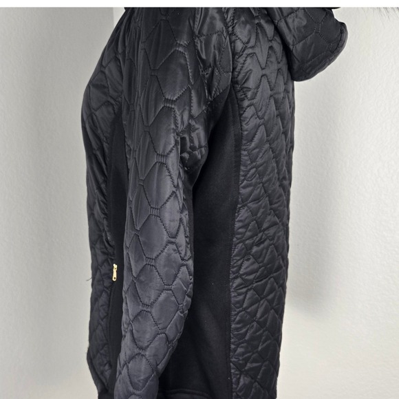 Michael‎ Kors Women Black Quilted Puffer Jacket Hooded Faux Fur Trim Gold Logo M - Picture 10 of 14